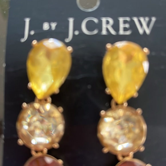 J. Crew Statement Earrings Gold tone Crystals yellow orange pink NWT - Picture 2 of 5